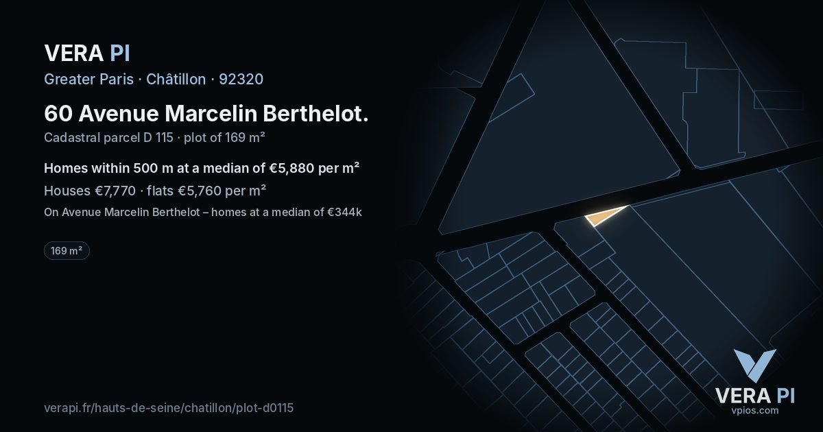 60 Avenue Marcelin Berthelot, Châtillon at night – the plot lit, the parcels around coloured by the prices near them