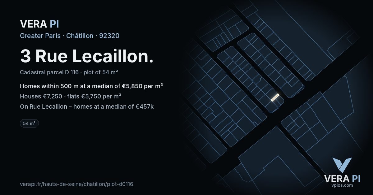 3 Rue Lecaillon, Châtillon at night – the plot lit, the parcels around coloured by the prices near them