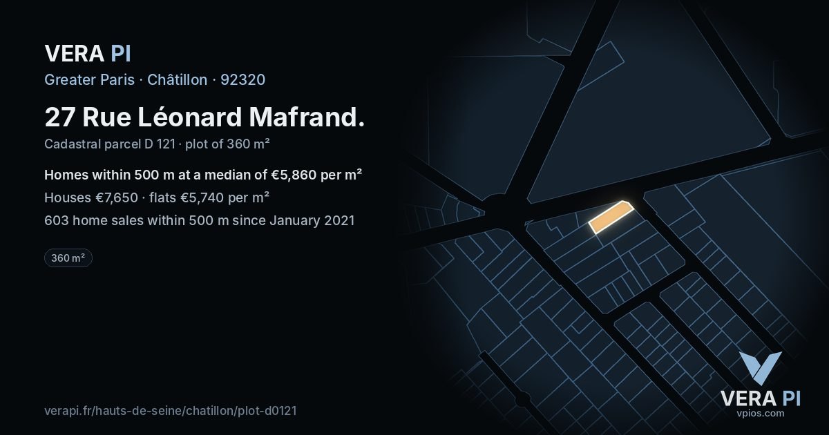 27 Rue Léonard Mafrand, Châtillon at night – the plot lit, the parcels around coloured by the prices near them