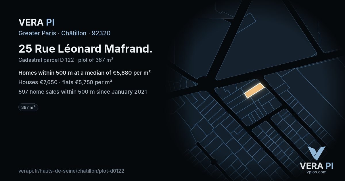 25 Rue Léonard Mafrand, Châtillon at night – the plot lit, the parcels around coloured by the prices near them