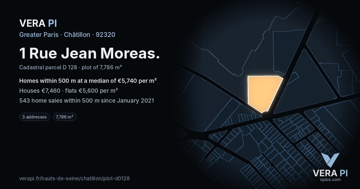 1 Rue Jean Moreas, Châtillon at night – the plot lit, the parcels around coloured by the prices near them