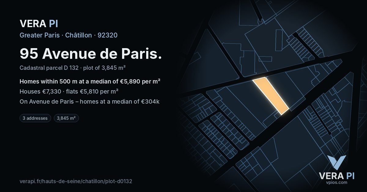 95 Avenue de Paris, Châtillon at night – the plot lit, the parcels around coloured by the prices near them
