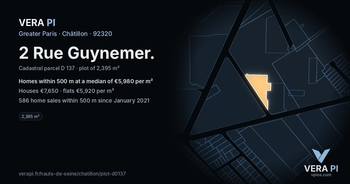 2 Rue Guynemer, Châtillon at night – the plot lit, the parcels around coloured by the prices near them