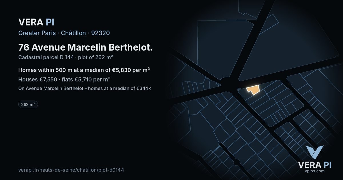 76 Avenue Marcelin Berthelot, Châtillon at night – the plot lit, the parcels around coloured by the prices near them