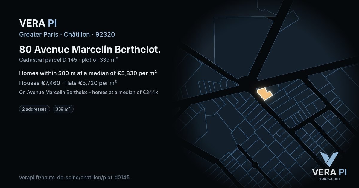 80 Avenue Marcelin Berthelot, Châtillon at night – the plot lit, the parcels around coloured by the prices near them