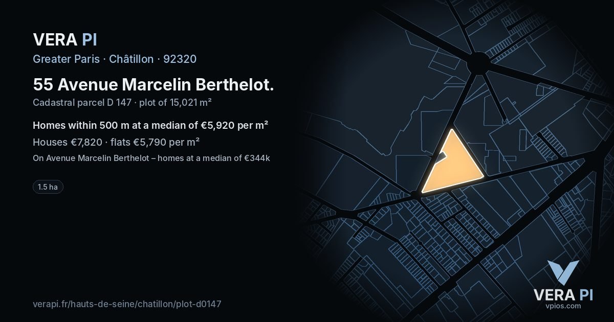 55 Avenue Marcelin Berthelot, Châtillon at night – the plot lit, the parcels around coloured by the prices near them