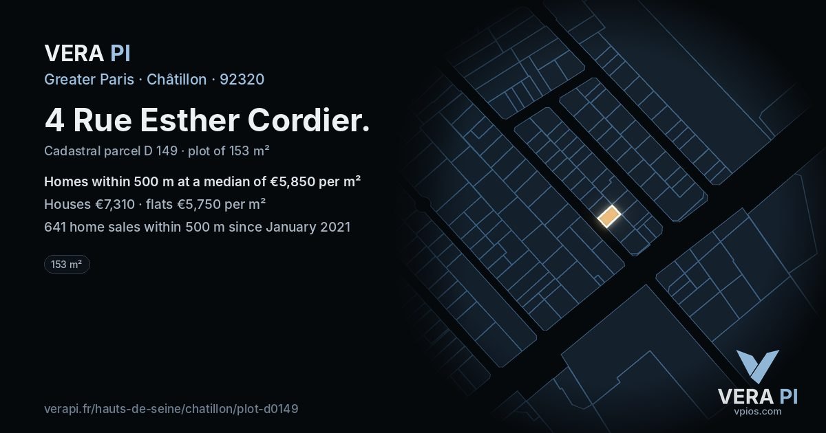 4 Rue Esther Cordier, Châtillon at night – the plot lit, the parcels around coloured by the prices near them