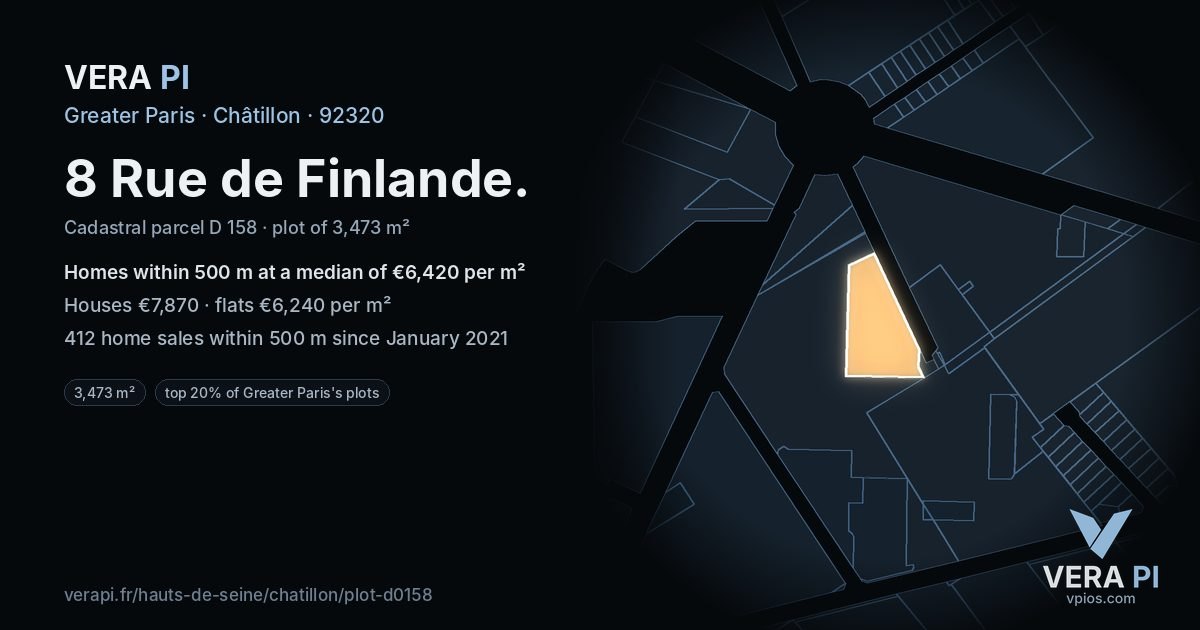 8 Rue de Finlande, Châtillon at night – the plot lit, the parcels around coloured by the prices near them