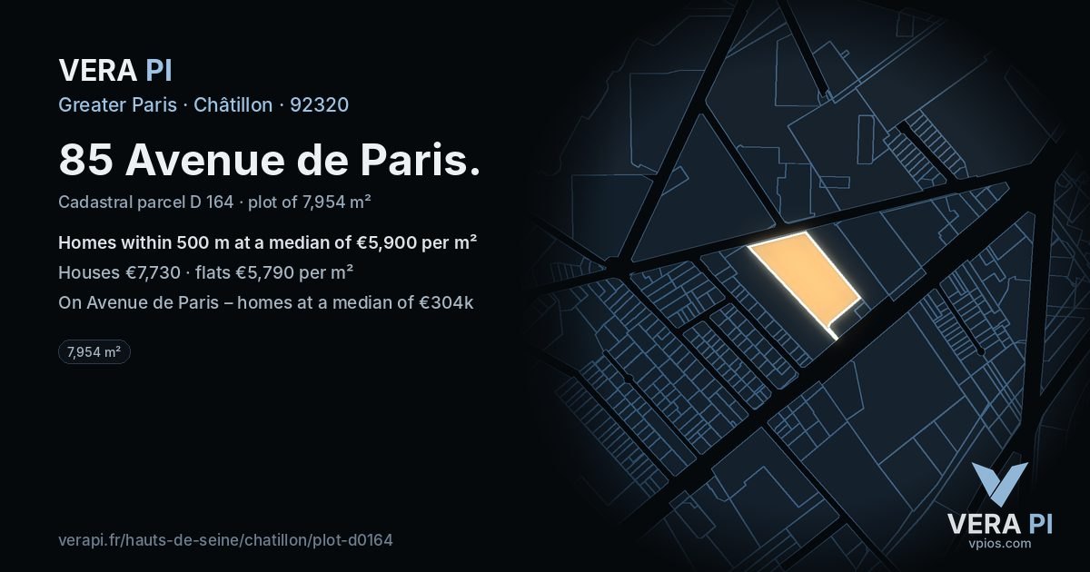 85 Avenue de Paris, Châtillon at night – the plot lit, the parcels around coloured by the prices near them