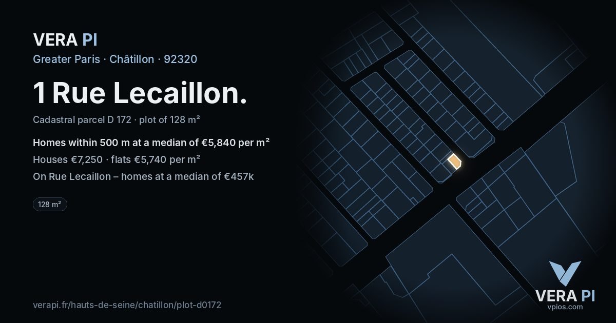 1 Rue Lecaillon, Châtillon at night – the plot lit, the parcels around coloured by the prices near them