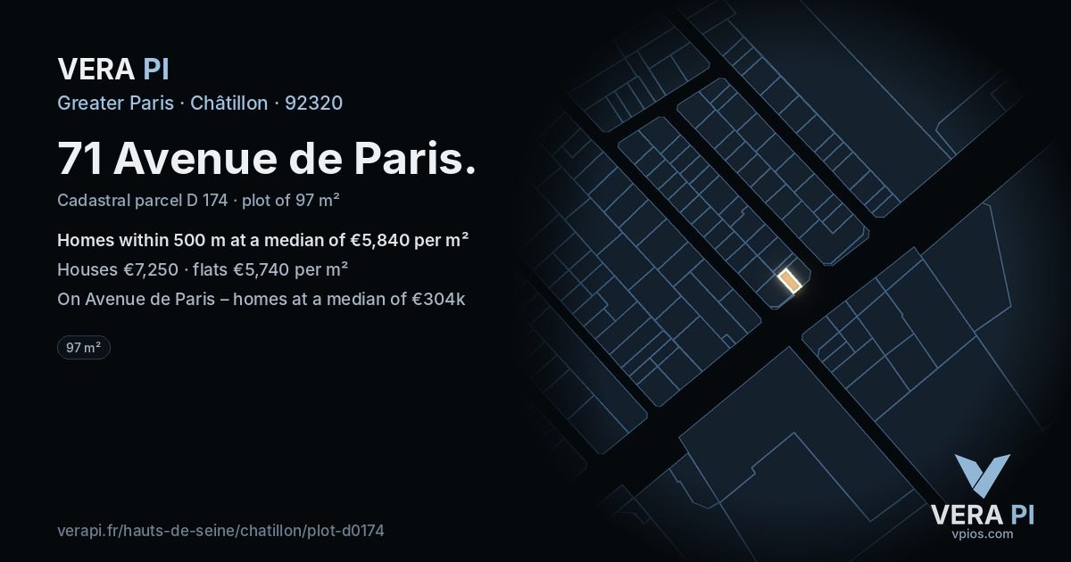 71 Avenue de Paris, Châtillon at night – the plot lit, the parcels around coloured by the prices near them