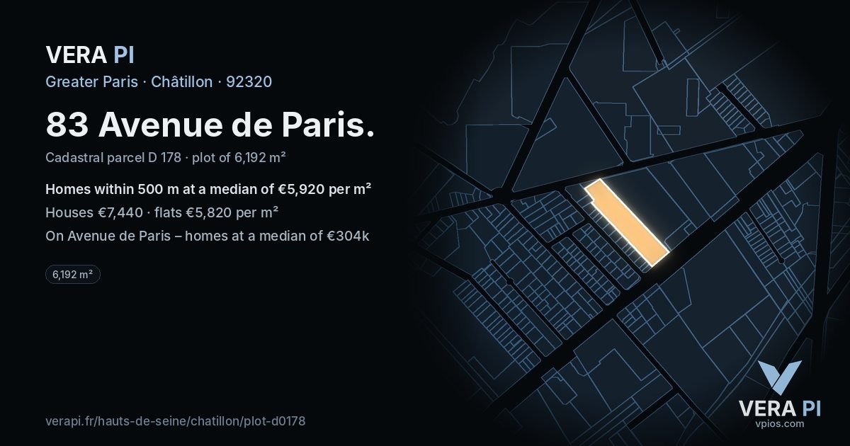 83 Avenue de Paris, Châtillon at night – the plot lit, the parcels around coloured by the prices near them