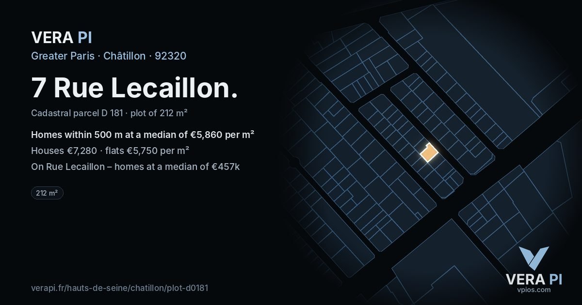 7 Rue Lecaillon, Châtillon at night – the plot lit, the parcels around coloured by the prices near them