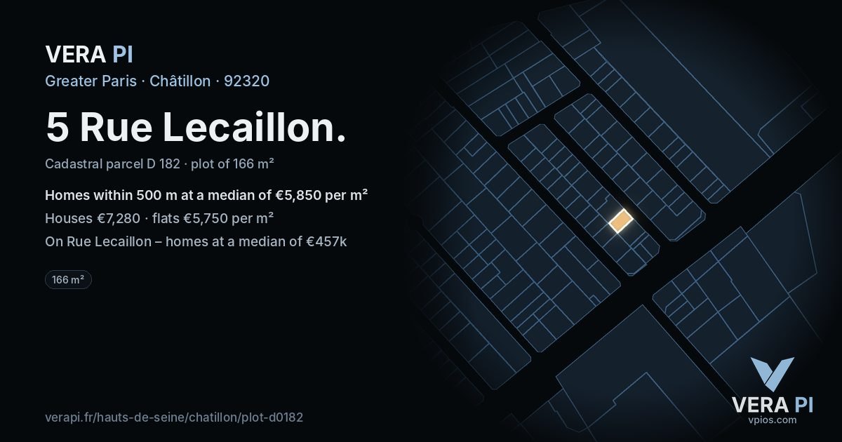 5 Rue Lecaillon, Châtillon at night – the plot lit, the parcels around coloured by the prices near them