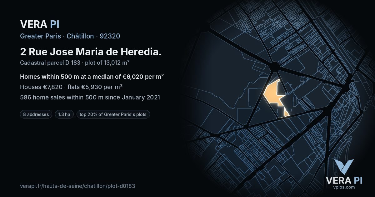 2 Rue Jose Maria de Heredia, Châtillon at night – the plot lit, the parcels around coloured by the prices near them