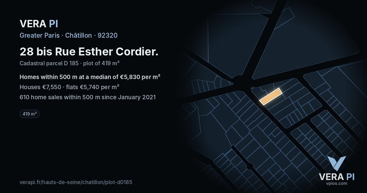 28 bis Rue Esther Cordier, Châtillon at night – the plot lit, the parcels around coloured by the prices near them