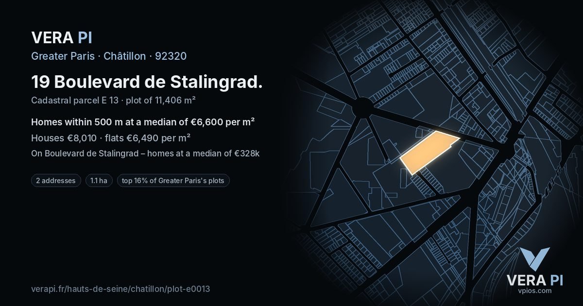 19 Boulevard de Stalingrad, Châtillon at night – the plot lit, the parcels around coloured by the prices near them