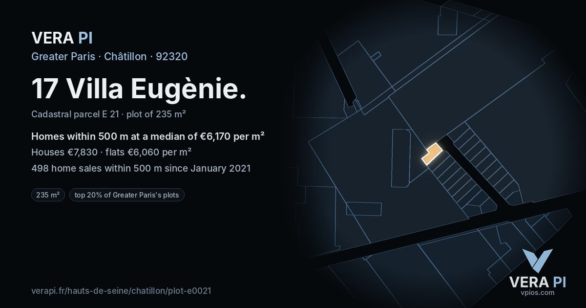 17 Villa Eugènie, Châtillon at night – the plot lit, the parcels around coloured by the prices near them