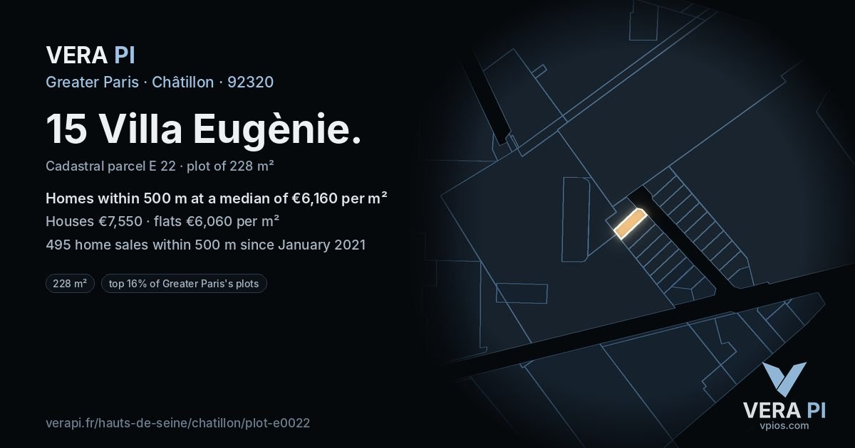 15 Villa Eugènie, Châtillon at night – the plot lit, the parcels around coloured by the prices near them