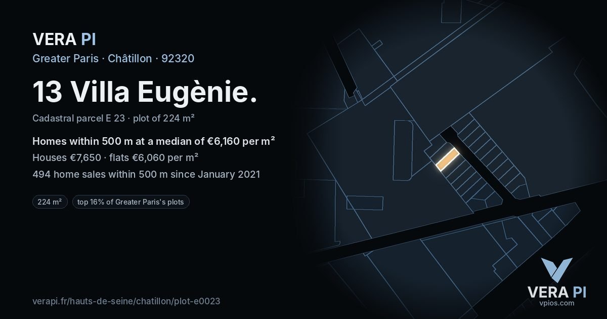 13 Villa Eugènie, Châtillon at night – the plot lit, the parcels around coloured by the prices near them