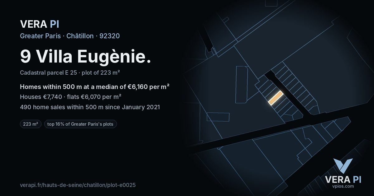 9 Villa Eugènie, Châtillon at night – the plot lit, the parcels around coloured by the prices near them