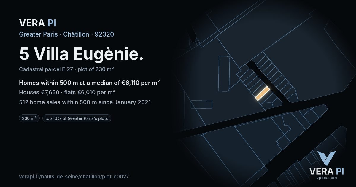 5 Villa Eugènie, Châtillon at night – the plot lit, the parcels around coloured by the prices near them