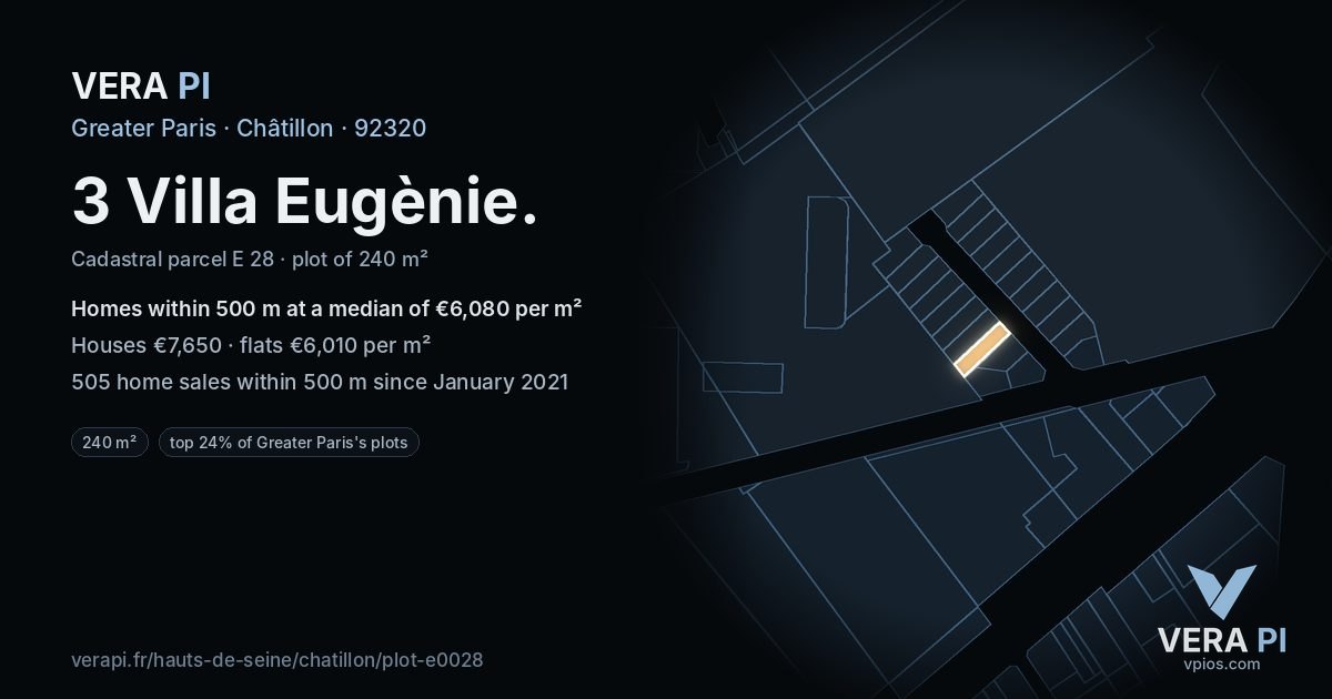 3 Villa Eugènie, Châtillon at night – the plot lit, the parcels around coloured by the prices near them