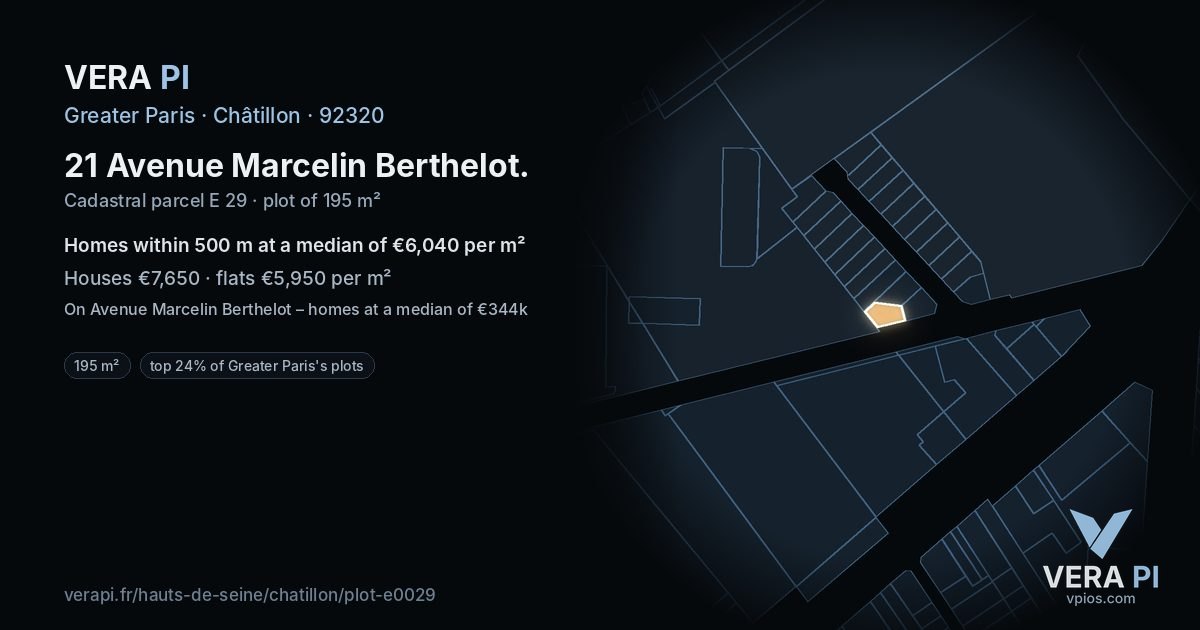21 Avenue Marcelin Berthelot, Châtillon at night – the plot lit, the parcels around coloured by the prices near them