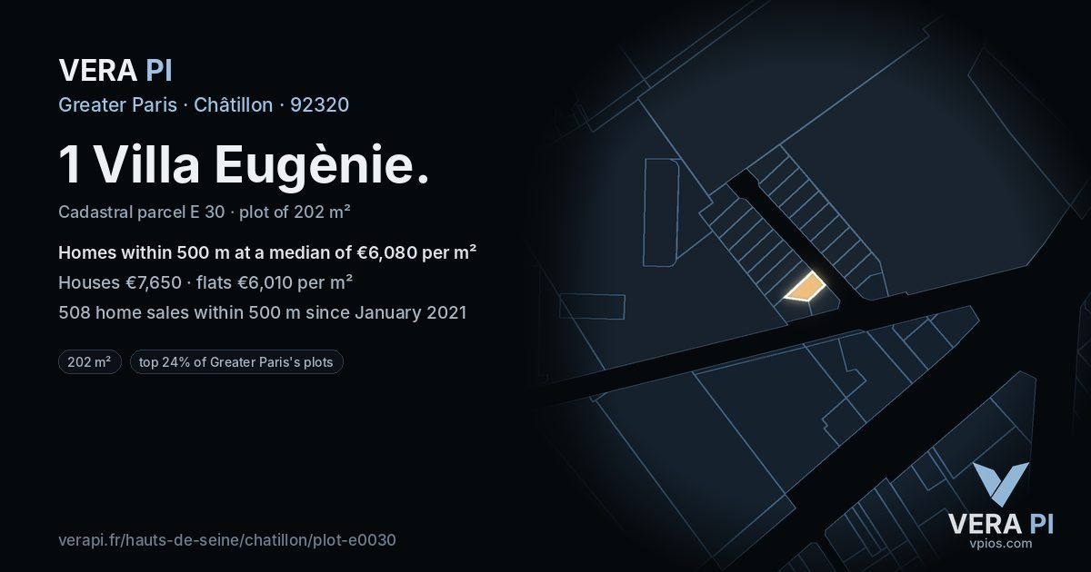 1 Villa Eugènie, Châtillon at night – the plot lit, the parcels around coloured by the prices near them