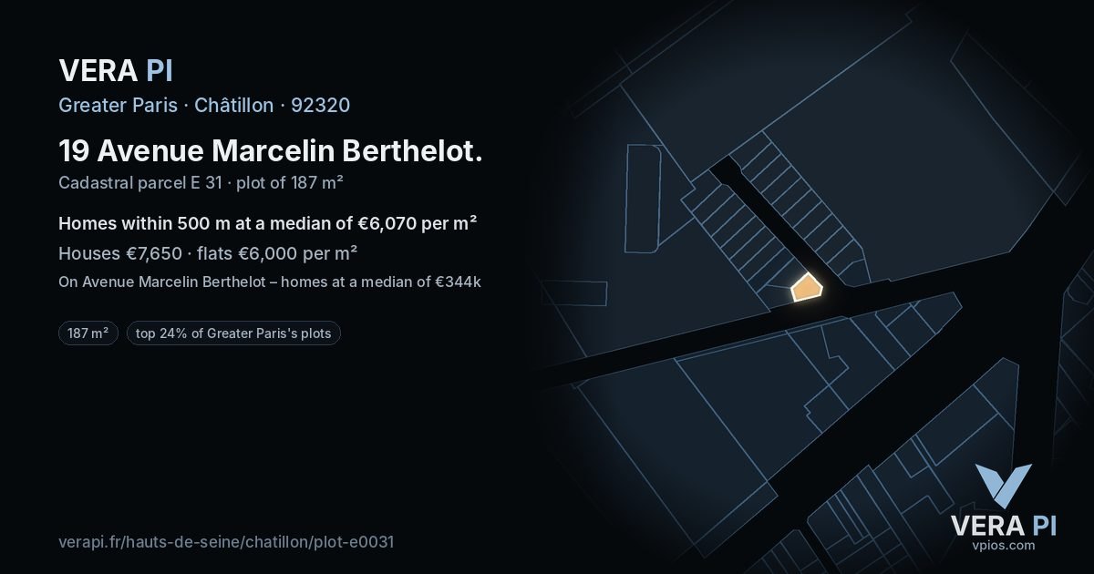 19 Avenue Marcelin Berthelot, Châtillon at night – the plot lit, the parcels around coloured by the prices near them