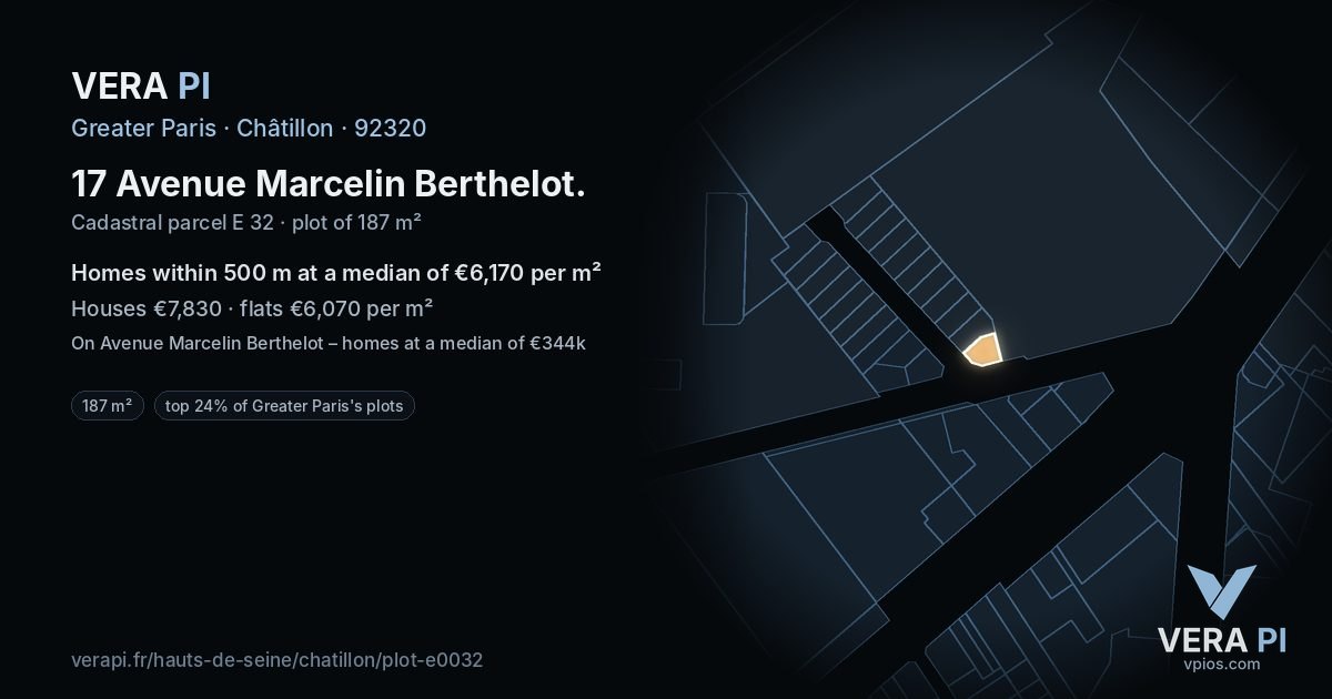 17 Avenue Marcelin Berthelot, Châtillon at night – the plot lit, the parcels around coloured by the prices near them