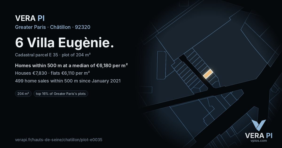 6 Villa Eugènie, Châtillon at night – the plot lit, the parcels around coloured by the prices near them