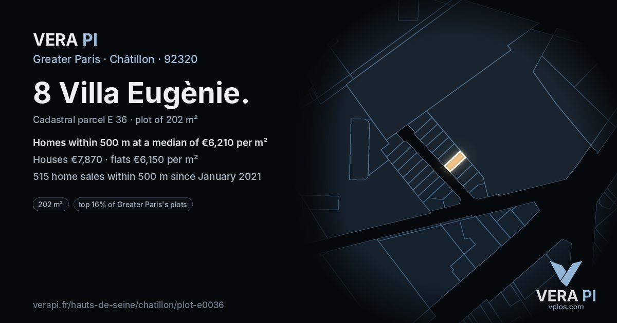 8 Villa Eugènie, Châtillon at night – the plot lit, the parcels around coloured by the prices near them