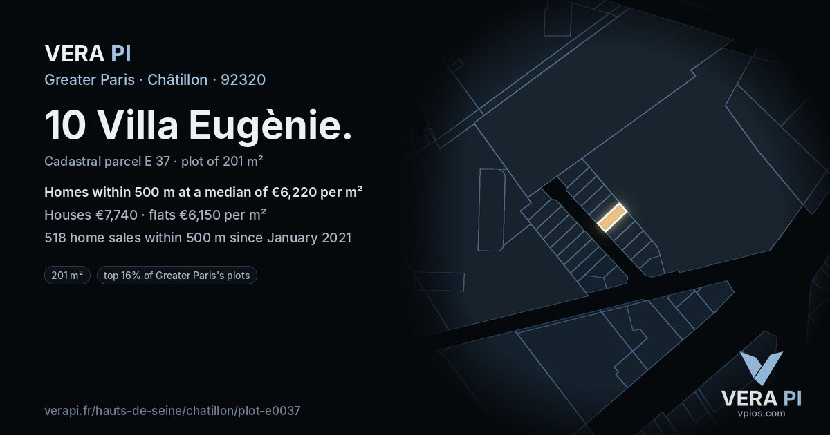 10 Villa Eugènie, Châtillon at night – the plot lit, the parcels around coloured by the prices near them