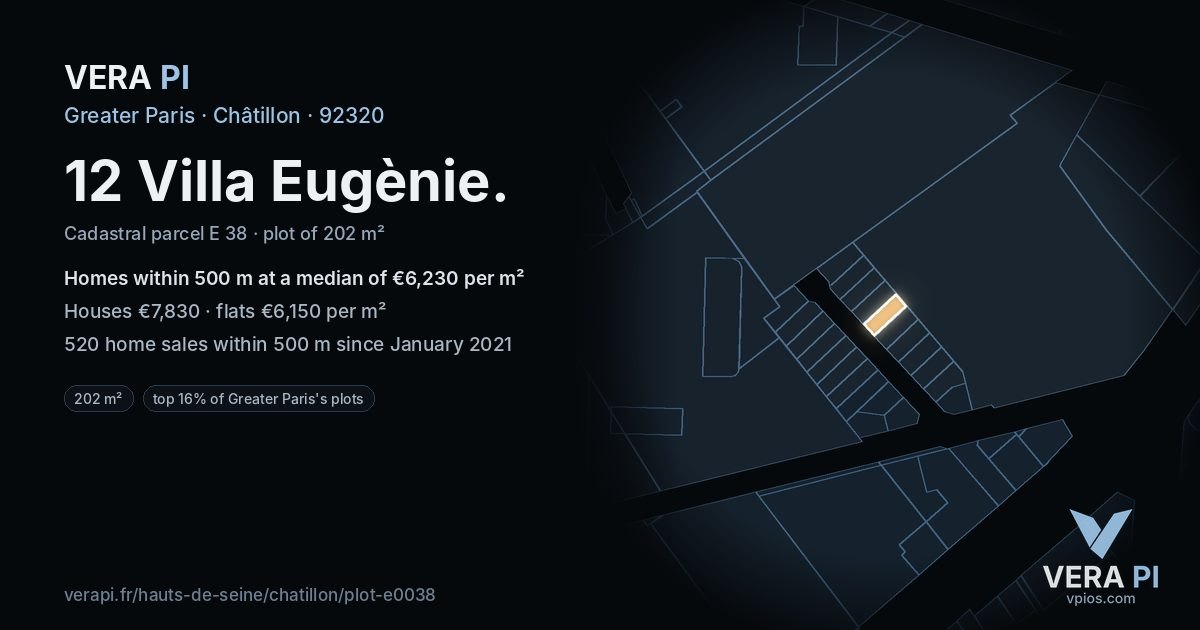 12 Villa Eugènie, Châtillon at night – the plot lit, the parcels around coloured by the prices near them
