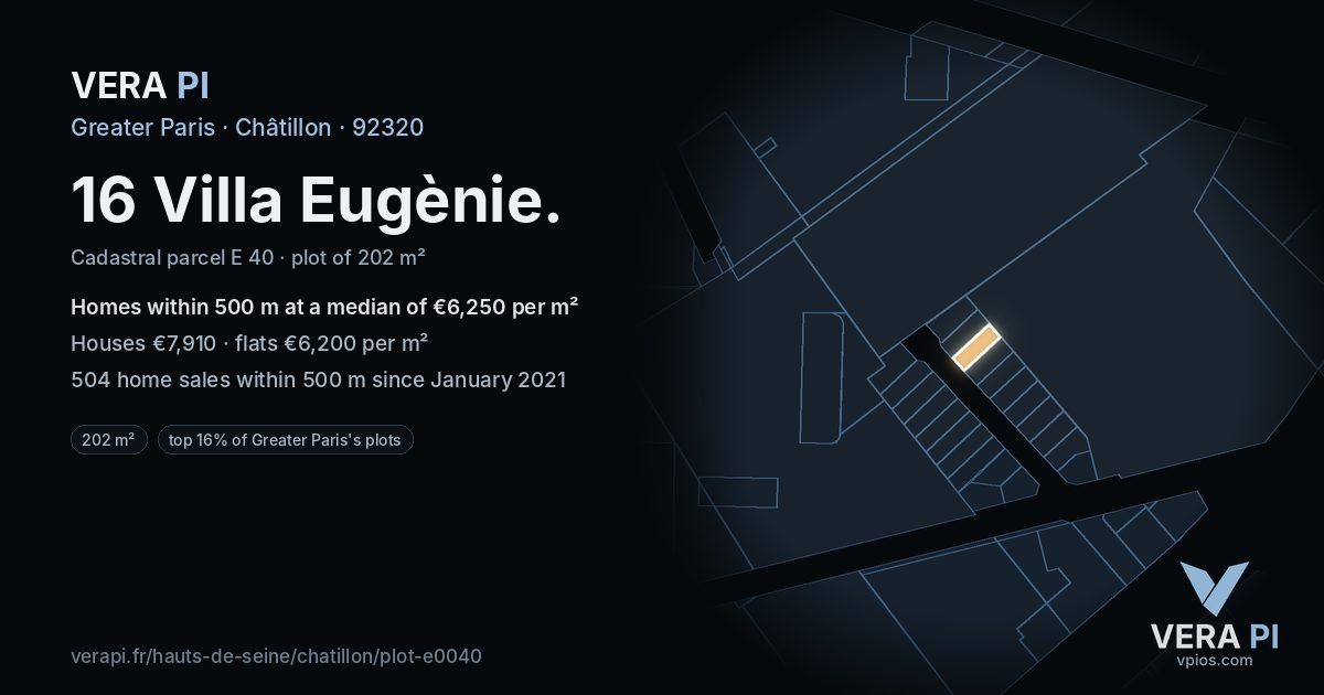 16 Villa Eugènie, Châtillon at night – the plot lit, the parcels around coloured by the prices near them