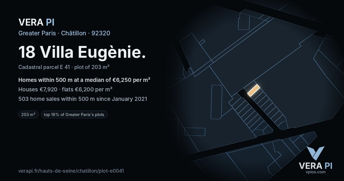 18 Villa Eugènie, Châtillon at night – the plot lit, the parcels around coloured by the prices near them