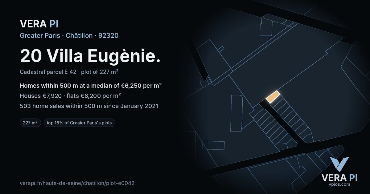 20 Villa Eugènie, Châtillon at night – the plot lit, the parcels around coloured by the prices near them