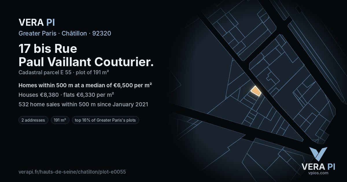 17 bis Rue Paul Vaillant Couturier, Châtillon at night – the plot lit, the parcels around coloured by the prices near them