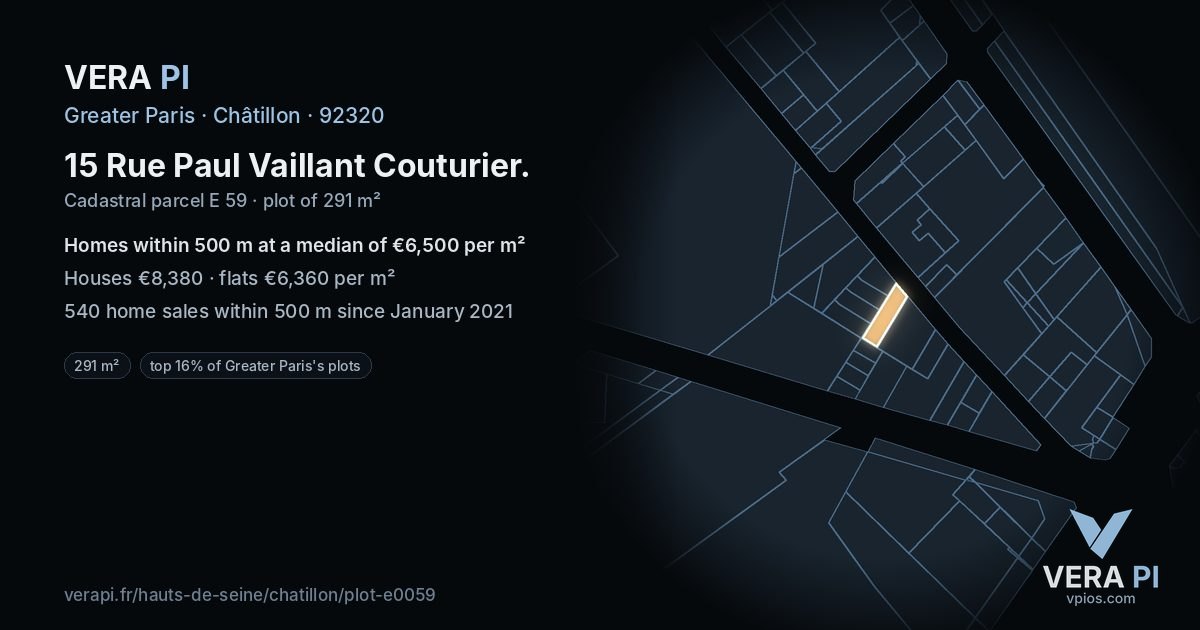 15 Rue Paul Vaillant Couturier, Châtillon at night – the plot lit, the parcels around coloured by the prices near them