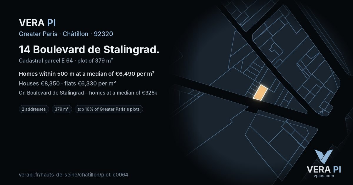 14 Boulevard de Stalingrad, Châtillon at night – the plot lit, the parcels around coloured by the prices near them