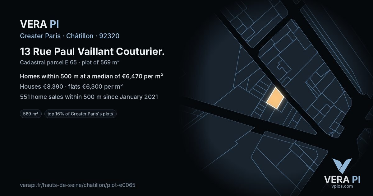 13 Rue Paul Vaillant Couturier, Châtillon at night – the plot lit, the parcels around coloured by the prices near them