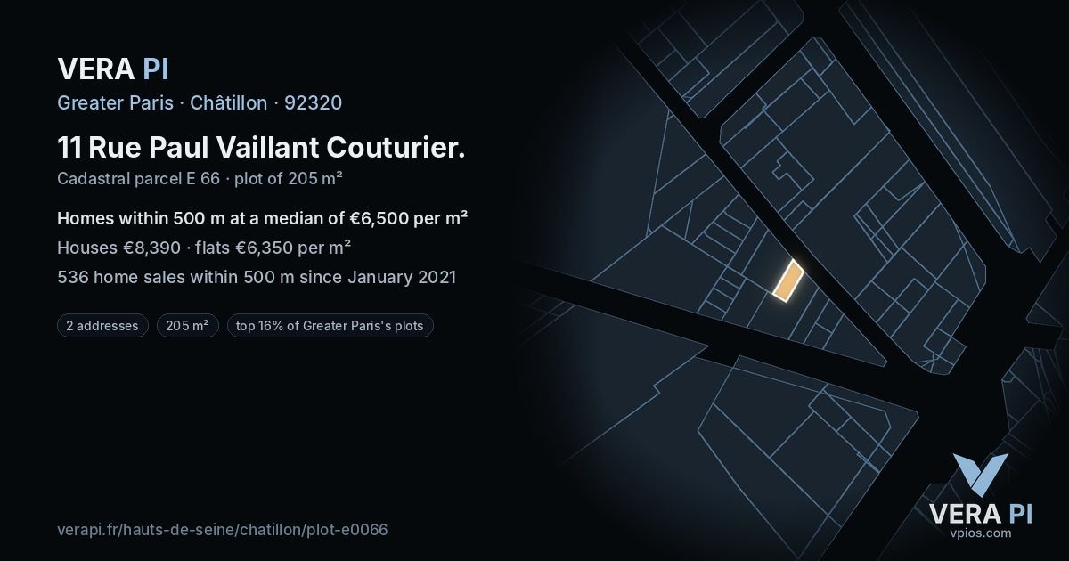 11 Rue Paul Vaillant Couturier, Châtillon at night – the plot lit, the parcels around coloured by the prices near them