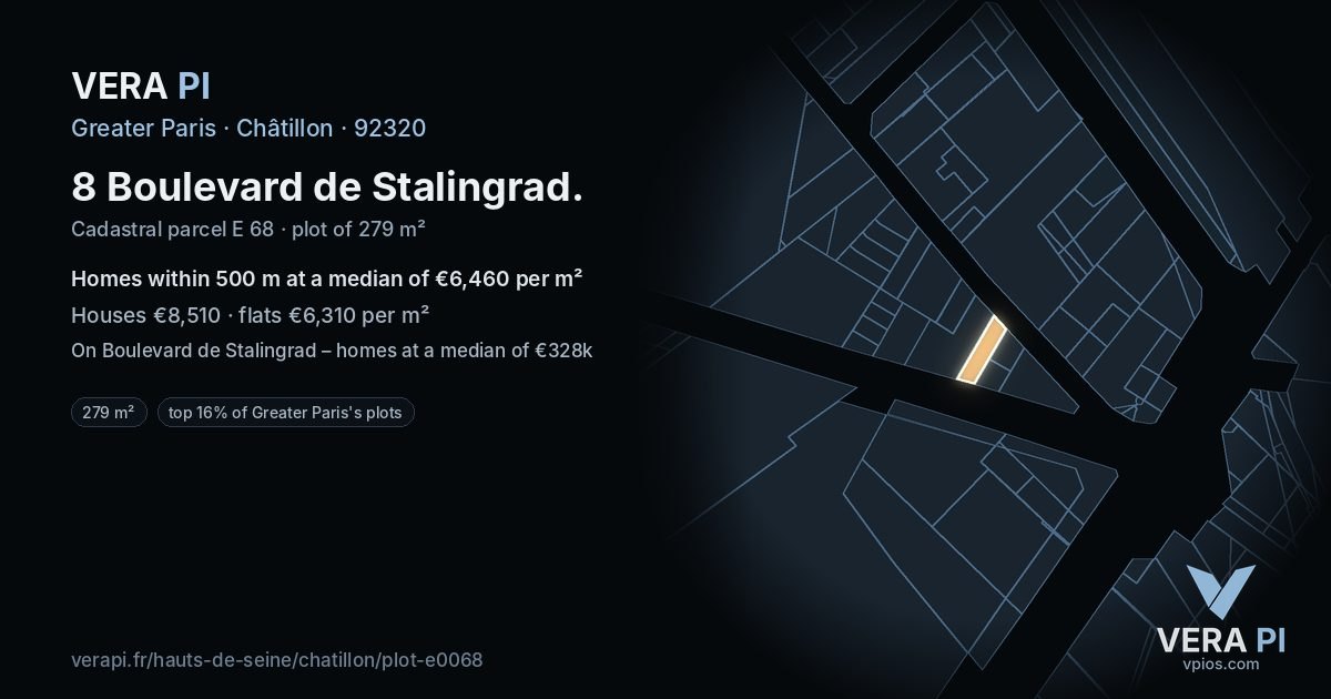 8 Boulevard de Stalingrad, Châtillon at night – the plot lit, the parcels around coloured by the prices near them