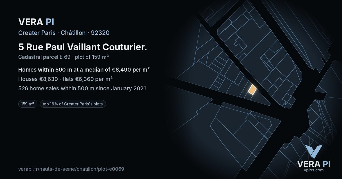 5 Rue Paul Vaillant Couturier, Châtillon at night – the plot lit, the parcels around coloured by the prices near them