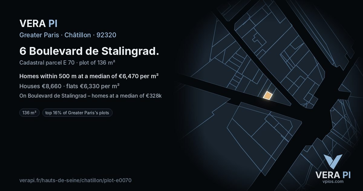 6 Boulevard de Stalingrad, Châtillon at night – the plot lit, the parcels around coloured by the prices near them