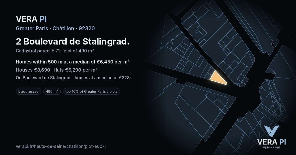 2 Boulevard de Stalingrad, Châtillon at night – the plot lit, the parcels around coloured by the prices near them