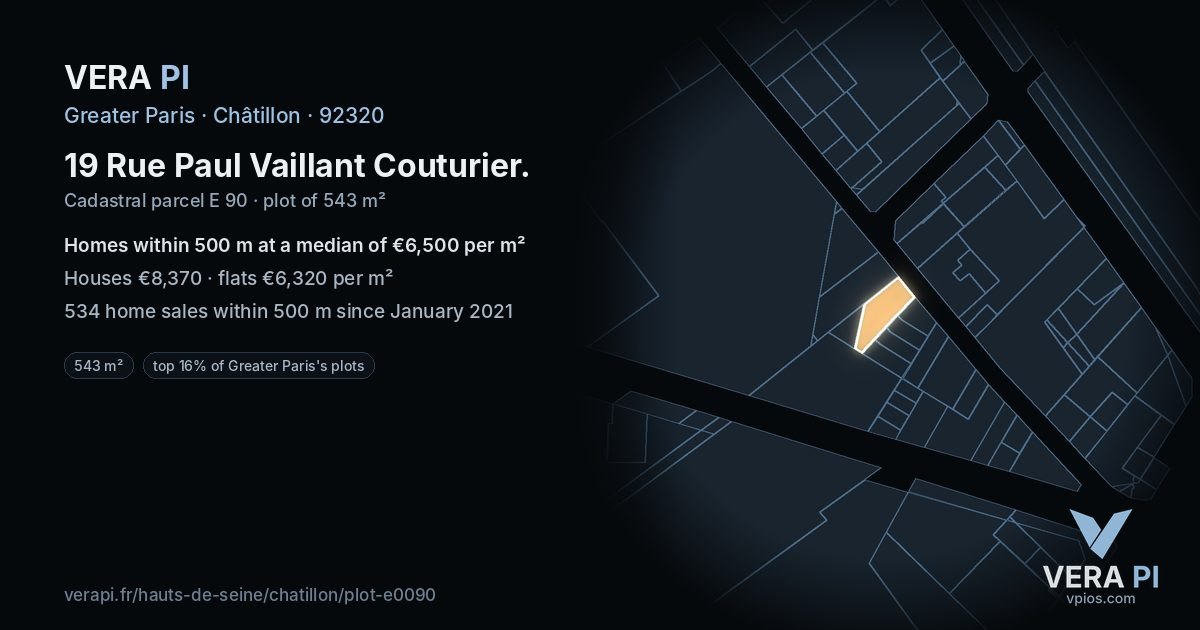 19 Rue Paul Vaillant Couturier, Châtillon at night – the plot lit, the parcels around coloured by the prices near them