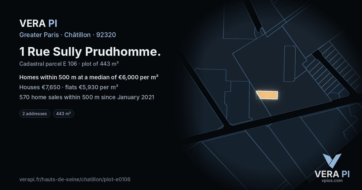 1 Rue Sully Prudhomme, Châtillon at night – the plot lit, the parcels around coloured by the prices near them