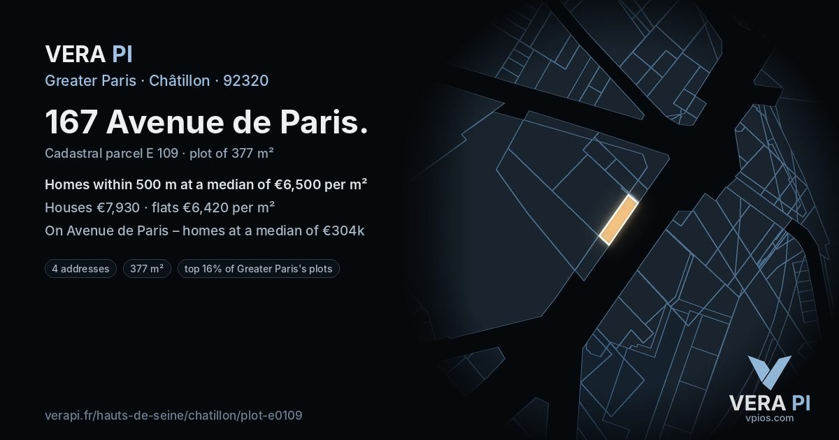 167 Avenue de Paris, Châtillon at night – the plot lit, the parcels around coloured by the prices near them